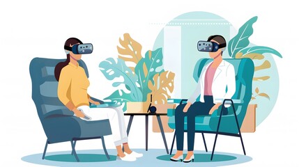 Two women wearing VR headsets sit in chairs and interact with each other in a virtual environment.