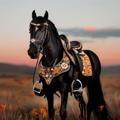 Obraz premium Black stallion adorned with a richly decorated saddle