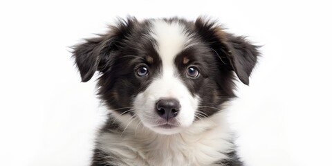 Fototapeta premium Fluffy border collie puppy staring at the camera on a white background, border collie, puppy, fluffy, isolated, adorable, fluffy