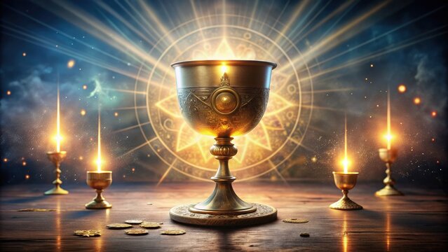 Mystical depiction of the Holy Grail surrounded by light and ancient symbols, Holy Grail, mystical, sacred, religious