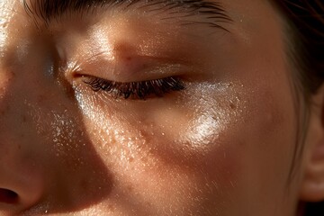 A macro shot of smooth, glowing skin on a cheek, highlighting the soft texture and natural radiance, with a subtle blush and highlighter