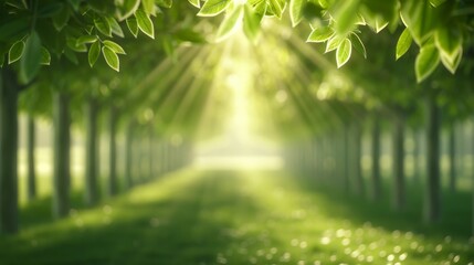 A serene forest scene showcasing vibrant green leaves illuminated by soft sunlight, creating a peaceful and calming atmosphere.