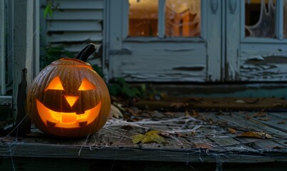 Obraz premium Spooky Halloween Porch Scene with Carved Pumpkin Jack-o'-Lantern and Eerie Cobwebs. Creepy Festive Atmosphere for Seasonal Celebration. Haunting Decorations and Mysterious Lighting Create Frightful A
