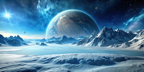 Frozen distant planet with icy terrain and snow-covered mountains, Frozen, distant, planet, icy, terrain, snow-covered, mountains