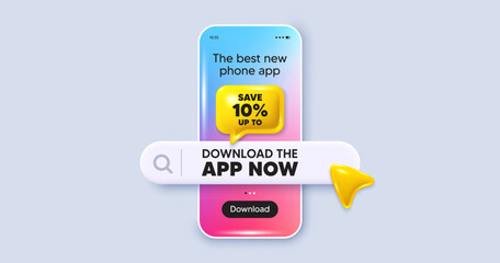 Save up to 10 percent. Phone mockup screen. Download the app now. Discount Sale offer price sign. Special offer symbol. Phone download app search bar. Discount text message. Vector