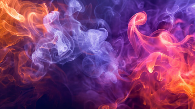 A vibrant background showcasing bright tangerine and royal purple smoke swirls, mingled with ethereal steam, creating an energetic and whimsical visual.