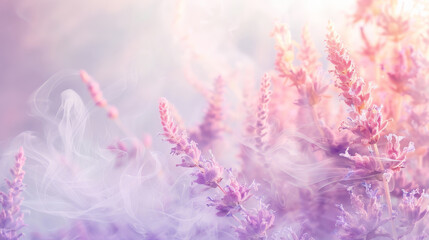 Naklejka premium A dreamy background featuring delicate lavender and peach-colored smoke, mingling with light steam, evoking a sense of calm and serenity.