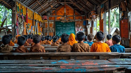 a classroom with a chalkboard, where a teacher is giving a lesson to a group of students. Educating children in poor third world countries.
