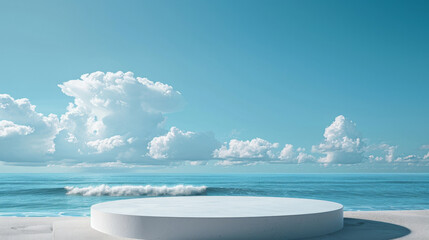 Fototapeta premium A sleek, contemporary podium on a beach, ready for product display. The sky is a clear blue with a few fluffy white clouds, enhancing the serene environment.