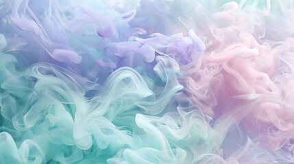 Fototapeta premium An enchanting background with pastel-colored smoke in shades of lavender and mint, complemented by gentle steam clouds, evoking a dreamy and serene ambiance.