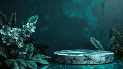 Marble stone podium stand for cosmetics on a deep teal abstract background. Adorn with teal flowers and dark green foliage for a luxurious and calming display.
