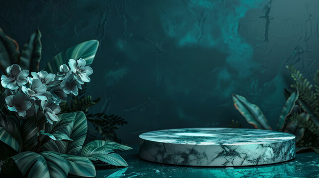 Marble stone podium stand for cosmetics on a deep teal abstract background. Adorn with teal flowers and dark green foliage for a luxurious and calming display.