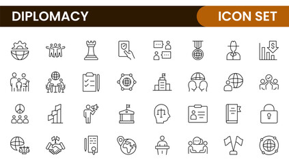 Diplomacy Line  Icons set. Vector illustration in modern thin line style of political dialogue related icons: summit, diplomatic, politics, debate, and more.