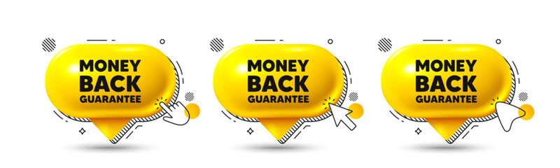 Chat speech bubble 3d icons. Money back guarantee tag. Promo offer sign. Advertising promotion symbol. Money back guarantee chat offer. Speech bubble banners. Text box balloon. Vector