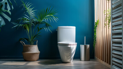 Fototapeta premium A modern restroom with a white toilet bowl, a sleek metal bin, a wooden slat folding screen, and a monstera plant near a deep blue wall. The setting is stylish and contemporary, ideal for a chic urban