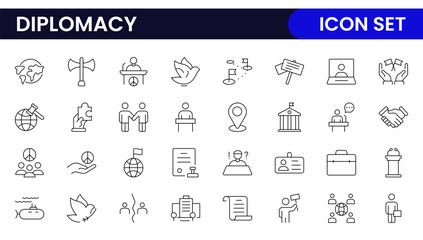 Diplomacy Line  Icons set. Vector illustration in modern thin line style of political dialogue related icons: summit, diplomatic, politics, debate, and more.