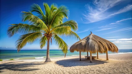 Obraz premium Palapa hut with palm leaves on sandy beach under clear blue sky , tropical, vacation, relaxation, paradise, ocean, shore