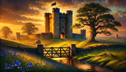 Sunset Fortress: Glowing Castle and Rolling Meadows at Dusk