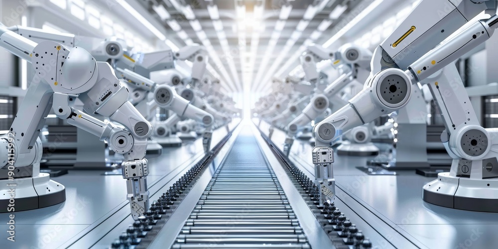 Poster modern factory floor with robotic arms assembling electronic devices