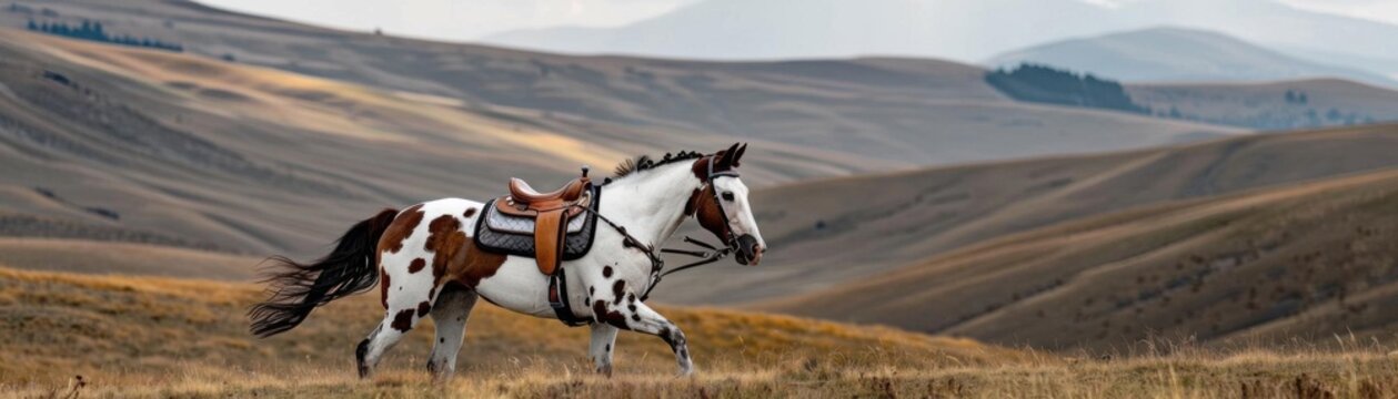 Grullo stallion with a saddle featuring striking color contrasts