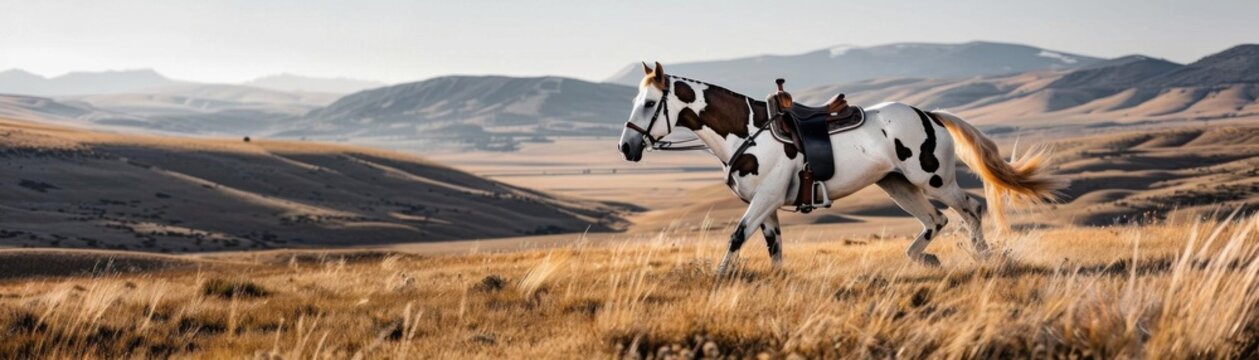 Grullo stallion with a saddle featuring striking color contrasts