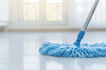 Clean Bright Home Interior with Blue Wet Mop on Shiny Floor