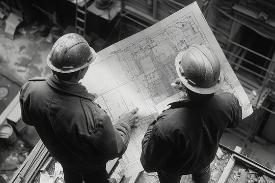 A black and white photograph of two construction workers is displaying viewing of a large blueprint, highlighting their focus on understanding the plan's details for construction.