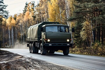 Obraz premium Big military truck driving on a road in the forest
