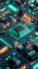 Obraz premium Abstract futuristic background in mint colors. Abstract microcircuits and processors. AI generative