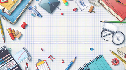 Border of colorful school supplies and stationery on lined paper background