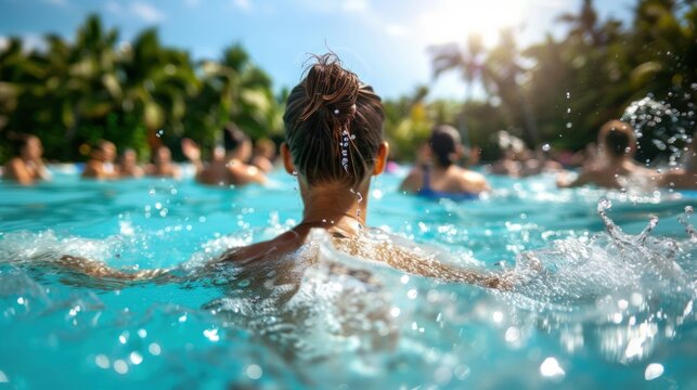 Women enjoying aqua aerobics in the pool seen from behind on a sunny day. Generative ai.