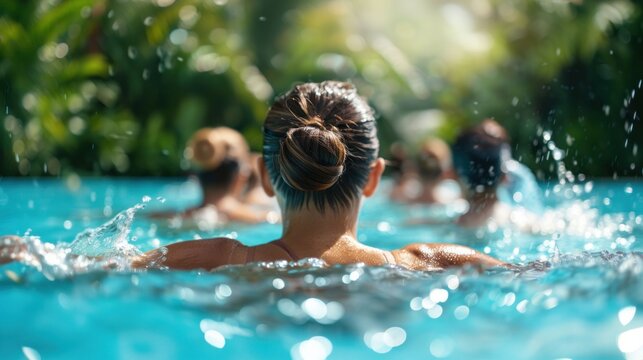 Women enjoying aqua aerobics in the pool seen from behind on a sunny day. Generative ai.