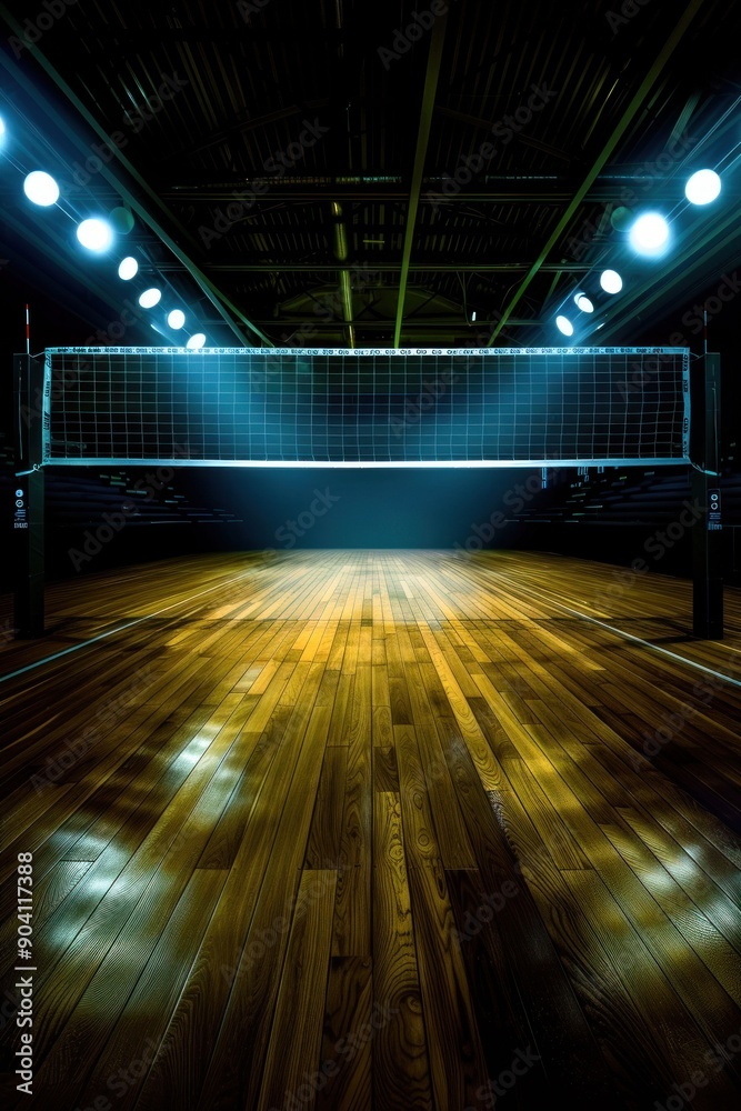 Wall mural volleyball court illuminated by dramatic lighting in a dark indoor setting. generative ai.