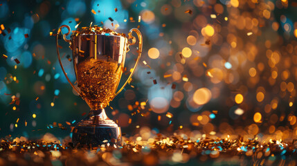 Trophy Glory and Confetti featuring gold sparkling lights on festive background. Sport and motivation wallpaper concept of competition sport, championship, energy for ads, banner
