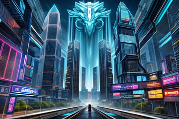 Fototapeta premium illuminated and technological futuristic city inhabited by people and robots.