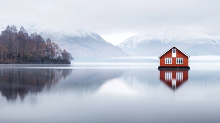Fototapeta premium A serene red house on a calm lake, surrounded by misty mountains, creating a tranquil and picturesque landscape.