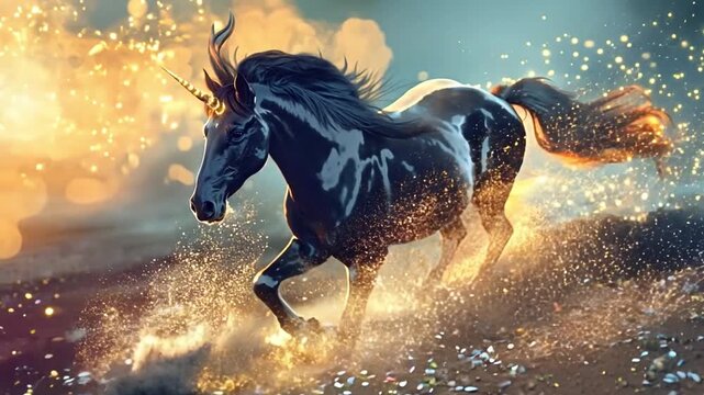 Black unicorn running with golden bokeh and glowing particles flying around, dreamlike mythical creature in motion