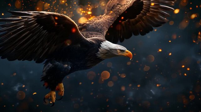 Eagle flying with wide spread wings over black background with glowing golden spots and bokeh, copy space
