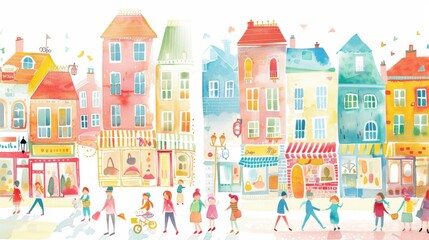 Fototapeta premium A vibrant street scene with colorful buildings and lively pedestrians enjoying a sunny day, showcasing a joyful urban atmosphere.