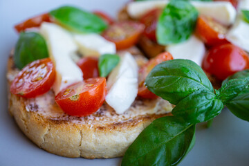 Tomato mozzarella bruschetta with basil close up on white plate - traditional italian appetizer, snack, vegetarian food, healthy eating