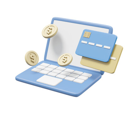 3D rendering with laptop, credit card and coin icons isolated on transparent background. Concept of digital transactions and e-commerce