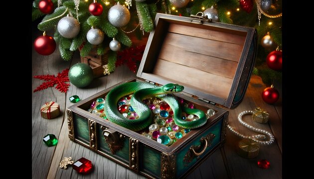 snake and a chest of coins under the Christmas tree