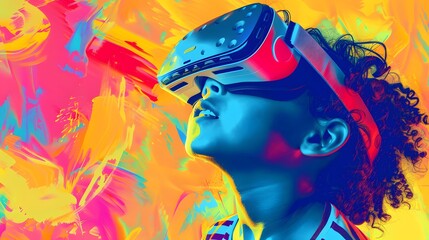 A young person wearing a VR headset, immersed in a vibrant digital world.