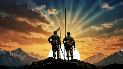  image commemorating Kargil Vijay Diwas, also known as Kargil Victory Day. The artwork depicts the silhouette of Indian Army soldiers standing proudly atop Mount Everest, holding the Indian flag .