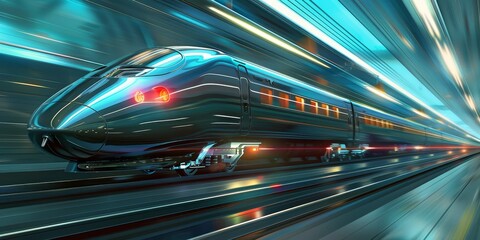 Fototapeta premium High-speed bullet train racing along futuristic railway tracks with motion blur effect