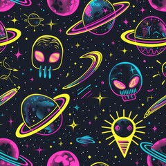 Fototapeta premium Vibrant Neon Space Patterns with Aliens and Planets on Dark Background