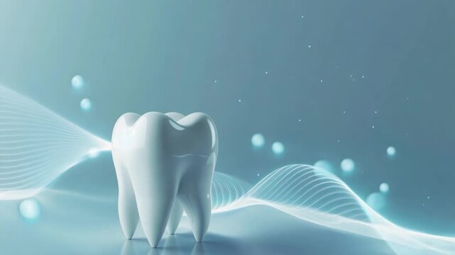 White 3d tooth on light blue background with copy space, dentistry and toothcare
