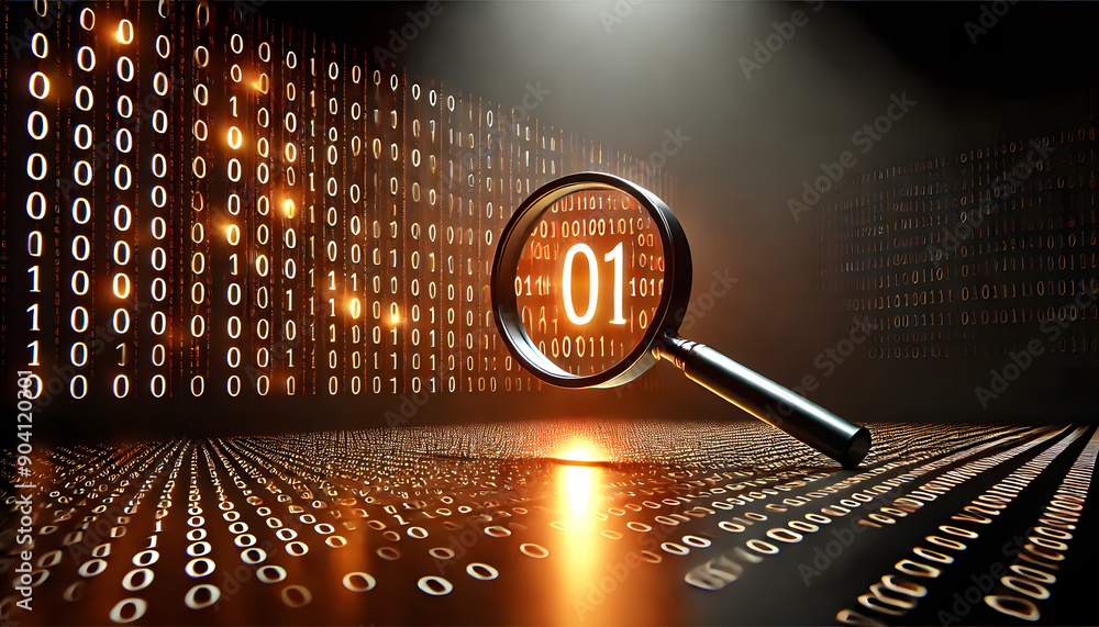 Poster magnifying glass focusing on a matrix of binary code and digital data