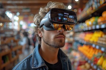 A man with blond hair wearing augmented reality glasses in a grocery store aisle, surrounded by shelves filled with fresh fruits and vegetables under bright lighting.
