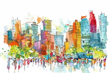 Fototapeta premium Vibrant watercolor cityscape featuring colorful buildings and lively crowds, capturing the essence of urban life.